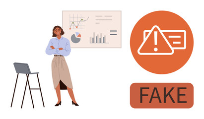 Businesswoman crossing arms near analytics chart, orange warning sign with exclamation point and Fake text. Ideal for fraud detection, education, awareness, trust, safety, accountability, simple flat