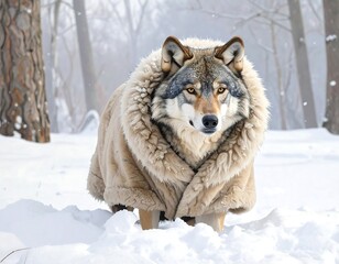 Fototapeta premium Winter's Furry Fashionista: A Wolf in a Fur Coat