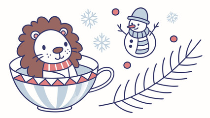 A Funny Lion with in a teacup in a Winter theme – Winter Wonderland palette SVG illustration