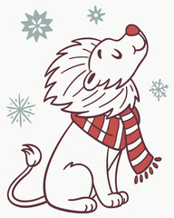 Charming SVG of a Playful Lion featuring with a scarf, styled in a Winter theme with Winter Wonderland hues