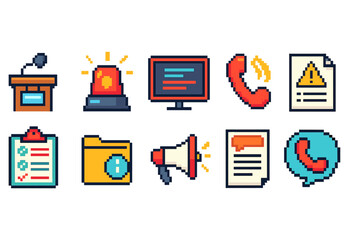 Communication and alert pixel icon set. 8-bit, retro style icons collection.