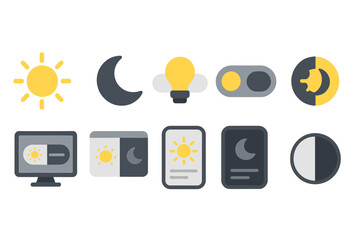 Day and night flat icon set. sun, moon, light, switch, interface elements collection