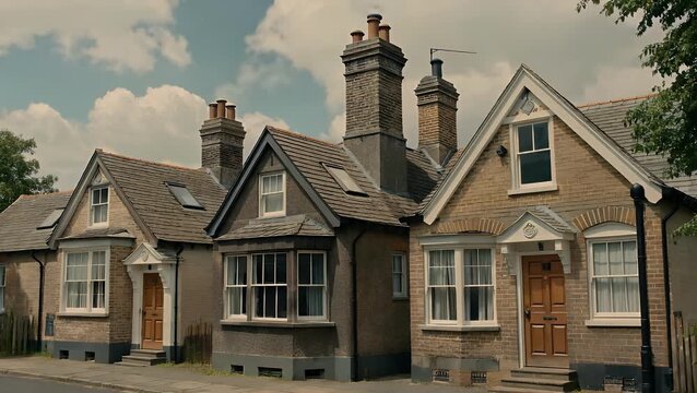 Architectural Series of Connected Historic Homes Featuring Ornate Triangular Roof Sections