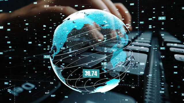 A digital globe with data elements overlays a keyboard, symbolizing the fusion of technology and communication in the modern world, showcasing global data flow and connectivity. Xenic