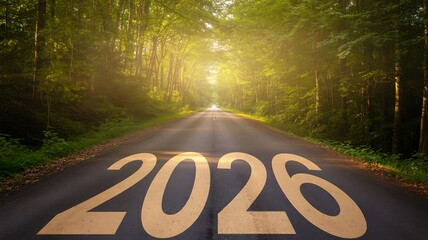 Embark on an exciting journey to 2026 down a sun-drenched forest road, envisioning a bright future filled with hope, growth, and endless possibilities ahead