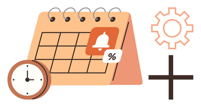Desk calendar with bell icon, percentage tag, clock, gear, and plus sign for planning. Ideal for time management, scheduling, organization productivity reminders settings discounts. Simple flat