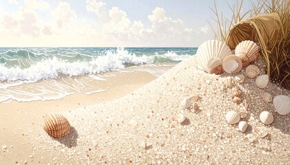 Seashells on Sandy Beach with Ocean Waves and Seagrass