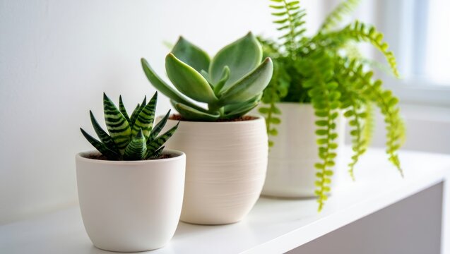 Array of potted green succulents and a lush fern on a white shelf, creating a fresh, clean, and minimalist indoor plant display ideal for modern home decor and healthy living spaces