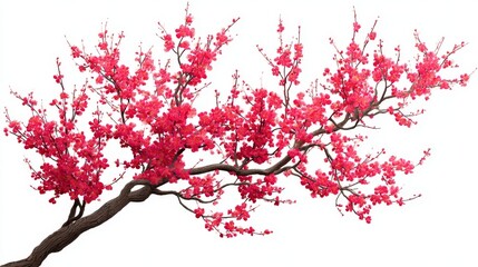 Vibrant pink cherry blossoms bloom on a bare tree branch against a white background