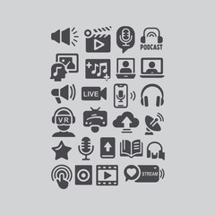 Digital Communication Icon Pack - Social Media, Music, Podcast, Digital Audio, Online Video, Music Player, VR, Audio Recording, Microphone, Headphone and Live Broadcast Icons