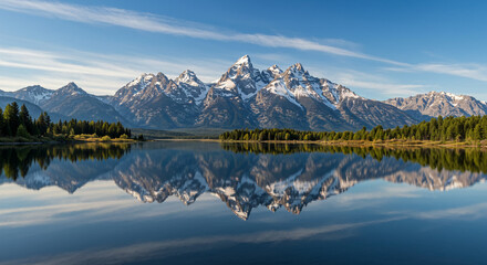 Naklejka premium Majestic snow-capped peaks mirroring in a tranquil lake, a breathtaking serene landscape under a vibrant blue sky.