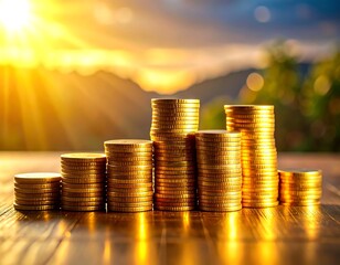 Stacks of gold coins, growing, sunset background