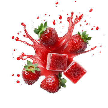Realistic Strawberries and Gummy Cubes Splashing in Red Juice PNG