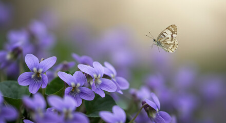 A gentle butterfly dances above a field of delicate purple violets, bathed in soft sunlight.
