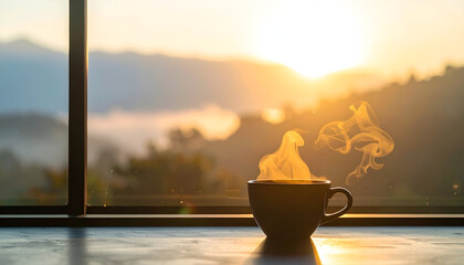 Steaming cup of coffee sits on windowsill, overlooking a misty mountain range at sunrise, creating a warm and peaceful morning scene.
