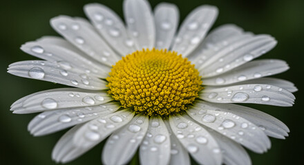 A pristine daisy, glistening with morning dew, evokes a feeling of purity and serenity in a close-up shot showcasing intricate details.