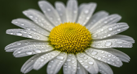 A pristine daisy, glistening with morning dew, symbolizes purity and the quiet beauty of nature's gentle awakening, its vibrant yellow center contrasting against soft white petals.