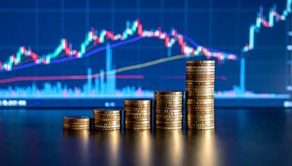 Stacks of gold coins rising against a financial chart background