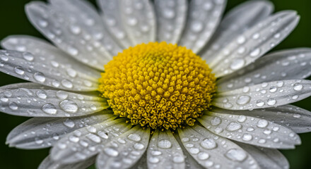 A pristine daisy, glistening with morning dew, captures the quiet beauty of a new day, showcasing delicate petals and a vibrant yellow center with crystal-clear water droplets.