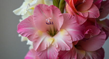 Delicate pink gladioli blossoms, a breathtaking bouquet conveying gentle beauty and serene elegance with soft focus and subtle lighting.