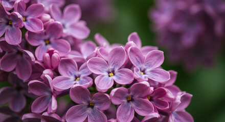 A breathtaking cluster of lilac blossoms, delicate petals unfolding in springtime's gentle embrace, showcasing nature's soft purple hues and a blurred green background.