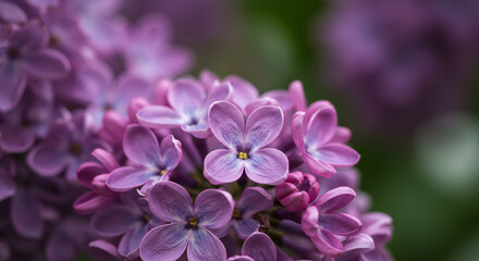 Delicate lilac blossoms unfolding in springtime, a soft whisper of purple petals against a blurred green background.