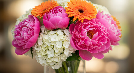 A vibrant bouquet of pink peonies, orange gerbera daisies, and white hydrangeas, a cheerful explosion of spring colors in soft, natural light.