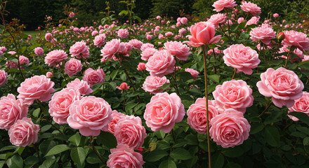 A breathtaking sea of delicate pink roses blooming in a vibrant garden, bathed in soft sunlight.