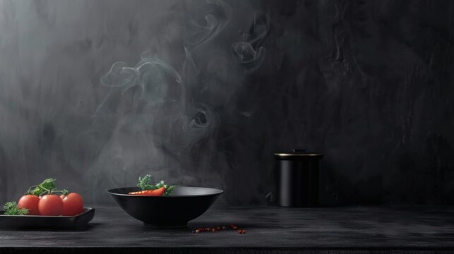Steaming hot tomato soup in a sleek black bowl with fresh tomatoes and dill in a moody, minimalist kitchen setting, perfect for healthy lifestyle content