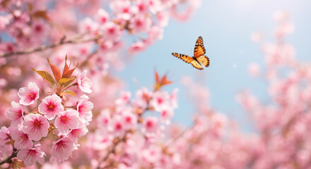 A delicate monarch butterfly dances amidst a breathtaking bloom of soft pink cherry blossoms under a bright spring sky.