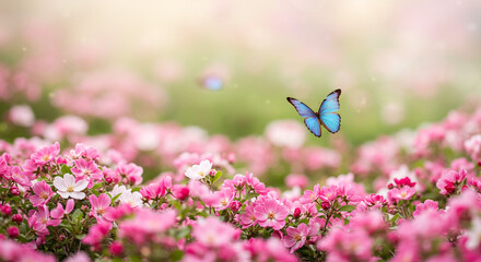 A gentle blue morpho butterfly dances above a breathtaking field of delicate pink blossoms, bathed in soft sunlight.