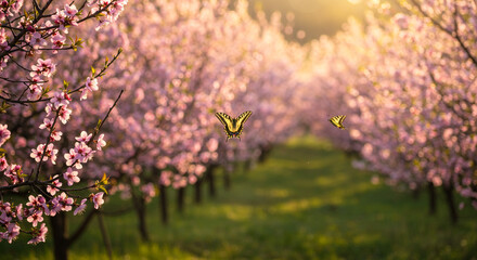 Two butterflies dance amidst a breathtaking spring orchard, bathed in the warm glow of a golden sunset.