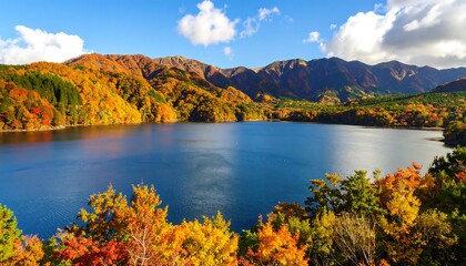 Scenic view of a serene lake surrounded by autumn-colored trees and mountains