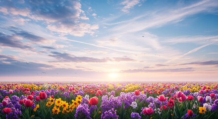 A breathtaking sunrise paints a vibrant field of wildflowers with tulips, hyacinths, and daisies in a mesmerizing display of colors and soft light.