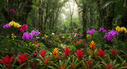 A vibrant rainforest garden bursting with orchids and bromeliads, showcasing a breathtaking display of tropical beauty in lush green surroundings with soft natural light.