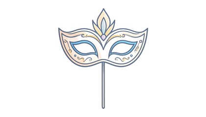 Decorative carnival mask with elegant design on a stick, light hues, on white background