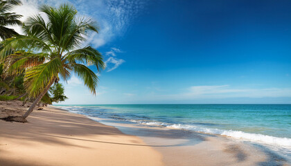 Obraz premium Tropical Beach Landscape With Palm Trees Under A Bright Summer Sky Near Calm Ocean Waves