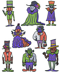 Halloween characters cartoon hand drawn doodle sketch color illustration