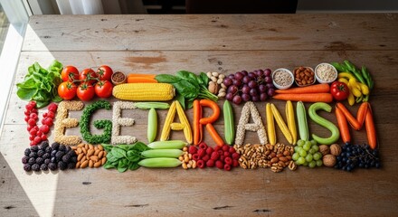 Fresh healthy fruits and vegetables arranged to spell out VEGETARIANISM on a rustic wooden table, showcasing plant-based eating and pure nourishment.