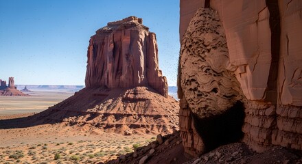Majestic red rock formations dominate a vast desert landscape under a clear blue sky with a swirling