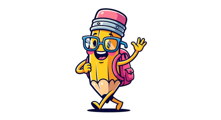 Adorable pencil character wearing glasses and backpack is ready for school, offering a friendly wave, perfect for back to school promotions