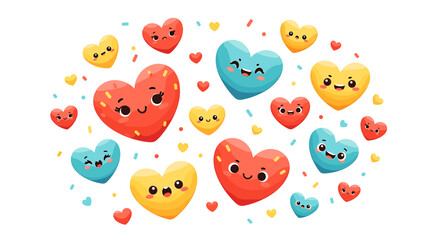 Fototapeta premium Adorable cartoon heart characters with charming expressions float on a white background, perfect for Valentine's Day cards or sweet designs