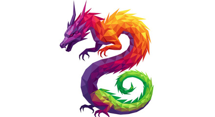 Obraz premium Majestic geometric dragon in vibrant rainbow colors, a modern fantasy icon for gaming, art, or branding projects needing a creative, eye-catching element