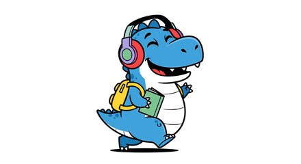 Obraz premium Adorable blue dinosaur with headphones and backpack is going to school to learn and have fun, a perfect design for educational projects and kids