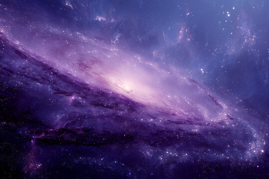Purple Nebula Spinning in a Tilted Galaxy Form with Bright Central Core and Dusty Spiral Arms in Space