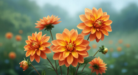 Vibrant orange dahlias blooming in a soft, dreamy garden bathed in gentle sunlight.