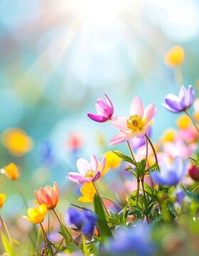 Fototapeta Vibrant spring flowers in a sunlit meadow