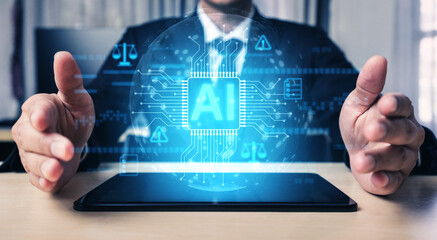 AI circuit microchip with glowing blue lines, surrounded by legal scales, warning symbols, data...