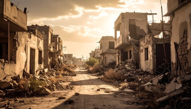 Desolate street in a war-torn town at sunset