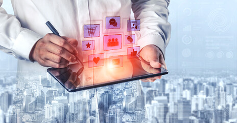 Icons representing social media interaction, communication, and engagement. Social media builds...